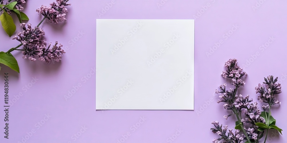 Poster a square white paper centered on a lilac backdrop with soft lilac flowers on the left and right, cre