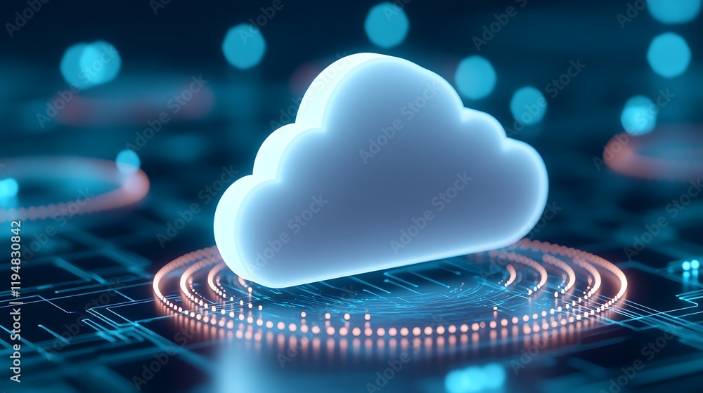 Poster futuristic cloud storage icon with digital circuit background and neon lights representing data tech