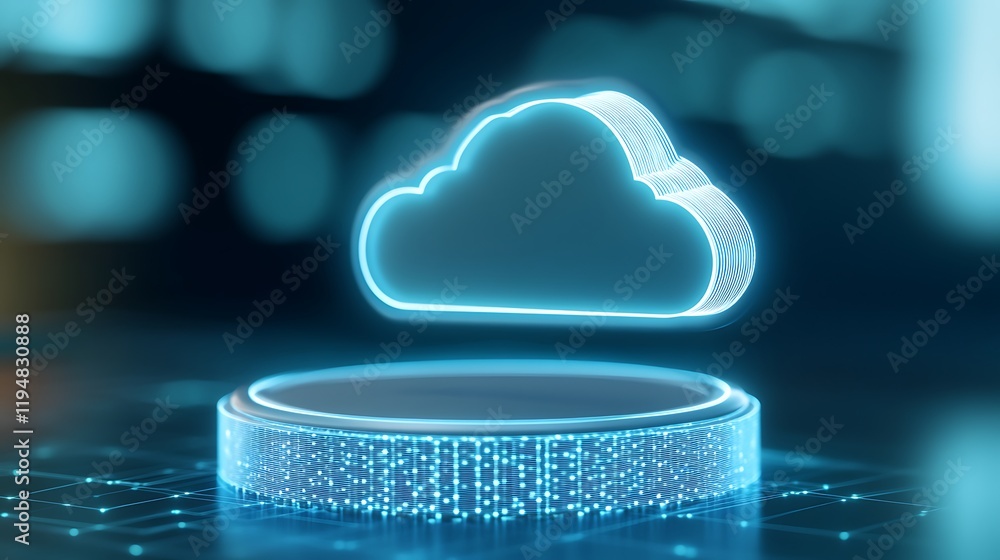 Poster futuristic cloud storage icon with soft glow on a digital platform surrounded by bokeh lights and da