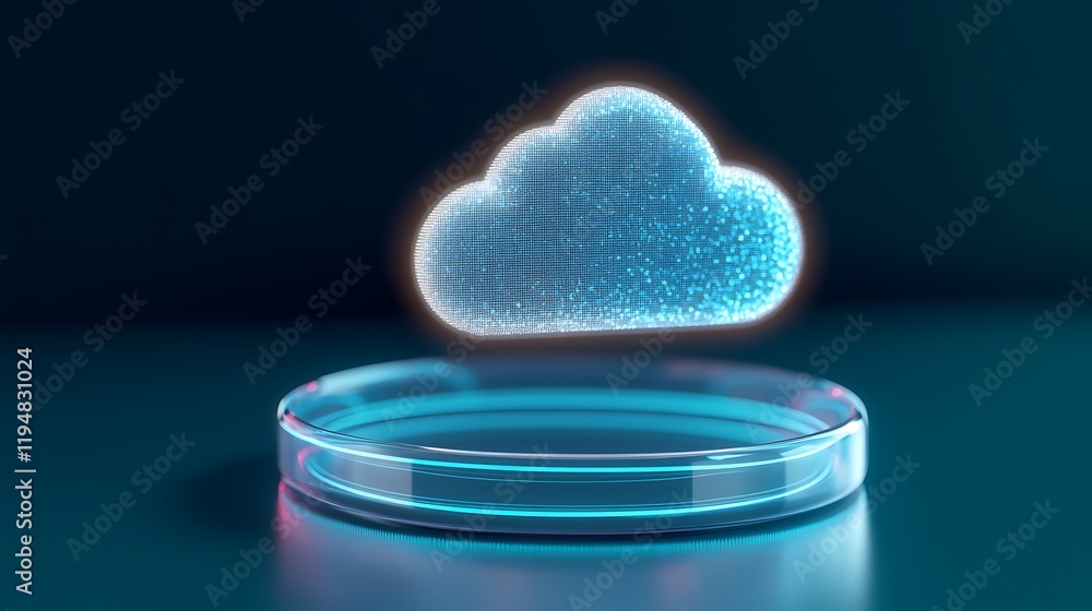 Aufkleber futuristic cloud symbol in bright circular frame with digital particles and soft blue background