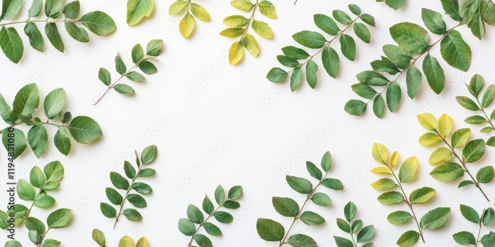 Poster rowan leaves in varying green and yellow shades arranged asymmetrically on a white backdrop with amp