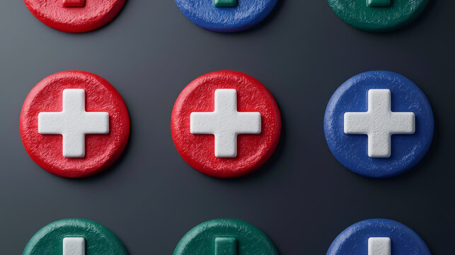 Colorful abstract buttons featuring a plus sign design on a dark background.