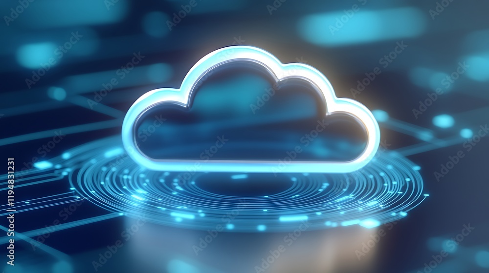 Poster futuristic cloud symbol surrounded by digital circles and data patterns in a blue technology environ