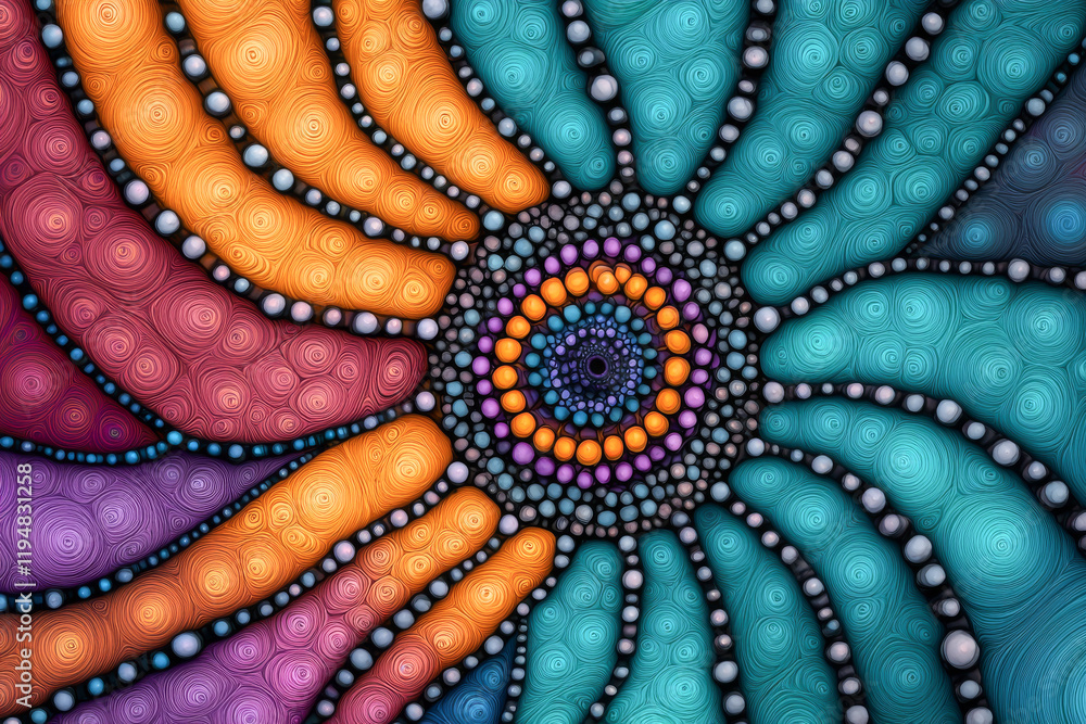 Poster colorful abstract design featuring spirals and circles in vibrant hues and patterns.