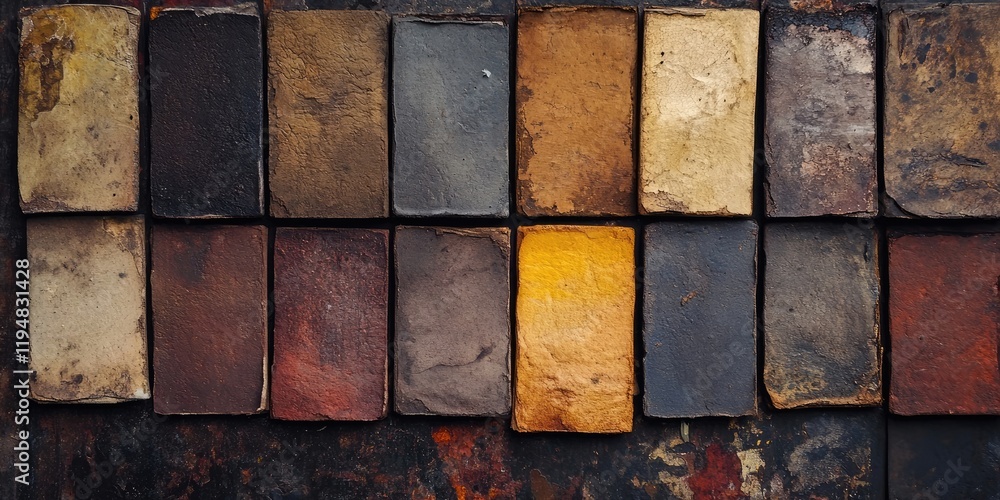 Aufkleber aged color palette featuring various neutral tones arranged in a grid with textures of deep browns, 
