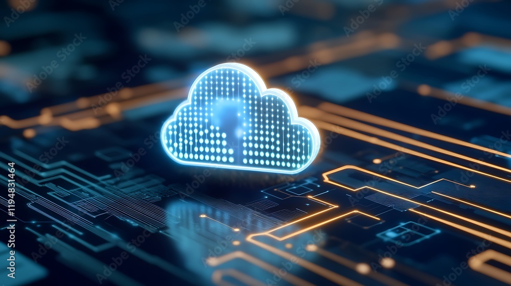 Poster futuristic cloud symbol with digital circuit background representing data storage and cloud computin