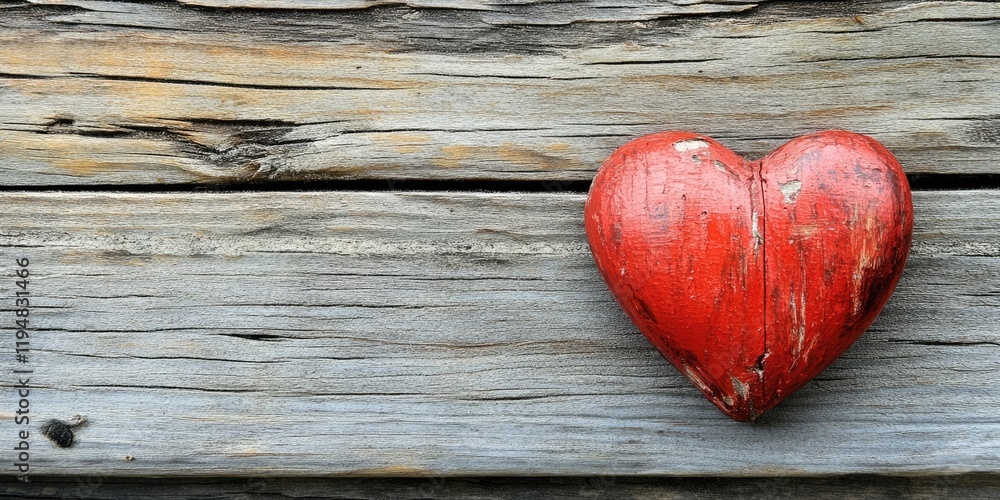 Poster vibrant red heart positioned left on rustic wooden backdrop with natural textures and ample negative