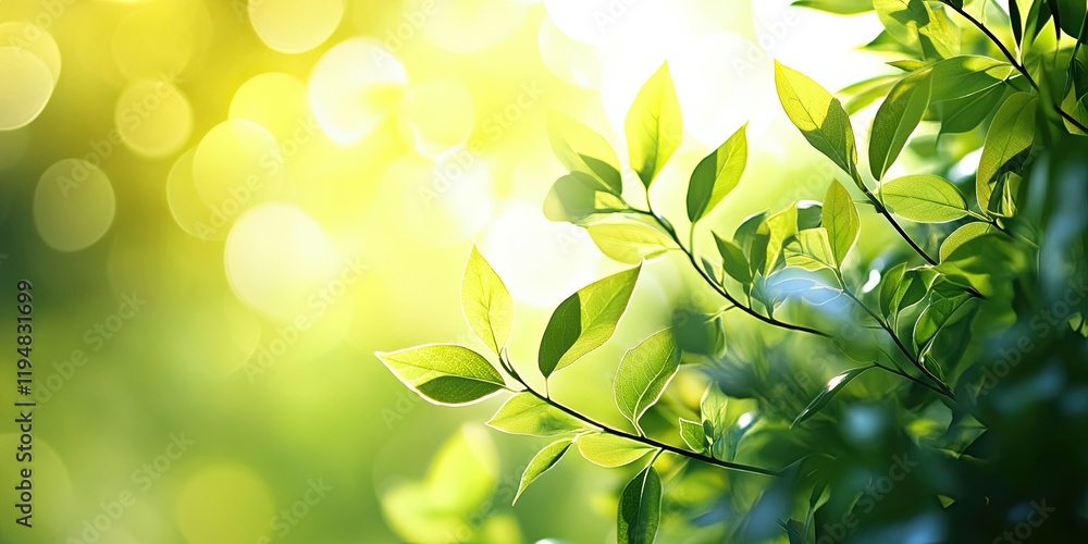 Poster serene summer sunlight filters through lush green leaves with soft bokeh effect creating a vibrant h