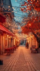 Obraz premium Festive European Street Illuminated for Christmas, Glowing with Warmth and Holiday Spirit