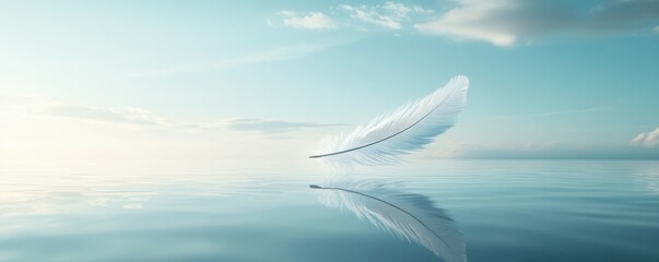 A minimalist concept of a feather floating over a still pool of water, 4k photo.