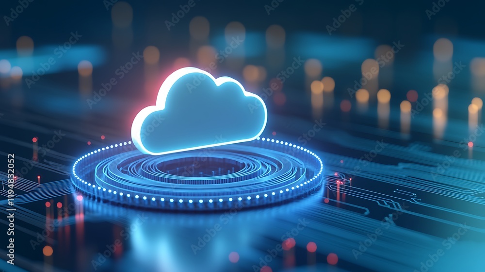Poster futuristic cloud technology concept over circuit board with neon lighting and digital data flow repr