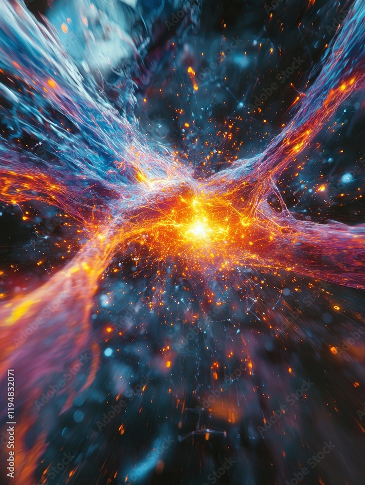 Poster explosive discovery of a new particle visualization laboratory abstract art cosmic environment dynam
