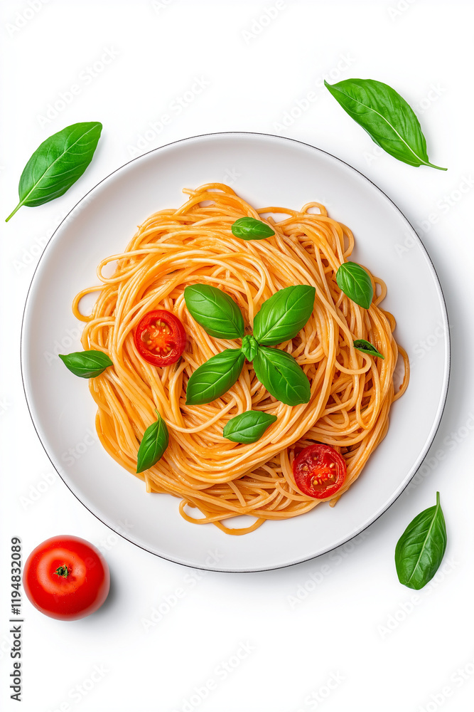 Wall mural Plate of pasta with sauce, isolated on white background