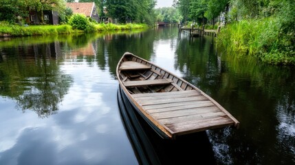 Obraz premium A serene view of a wooden boat on a calm canal surrounded by greenery.