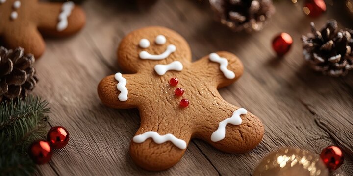 Gingerbread man cookie smiling on wooden tabletop surrounded by pine cones and red ornaments in warm cozy Christmas setting overhead view