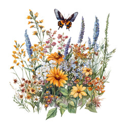 A watercolor painting of a pollinator ecosystem, with bees, butterflies, and flowers interacting, isolated on a white background. Ecosystem vector.
