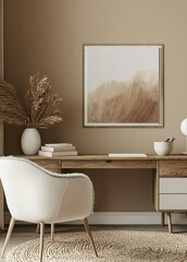 A bohemian style home office with a natural wood desk, a modern white armchair, and an abstract art poster on the wall. Minimalist interior design of a living room or bedroom