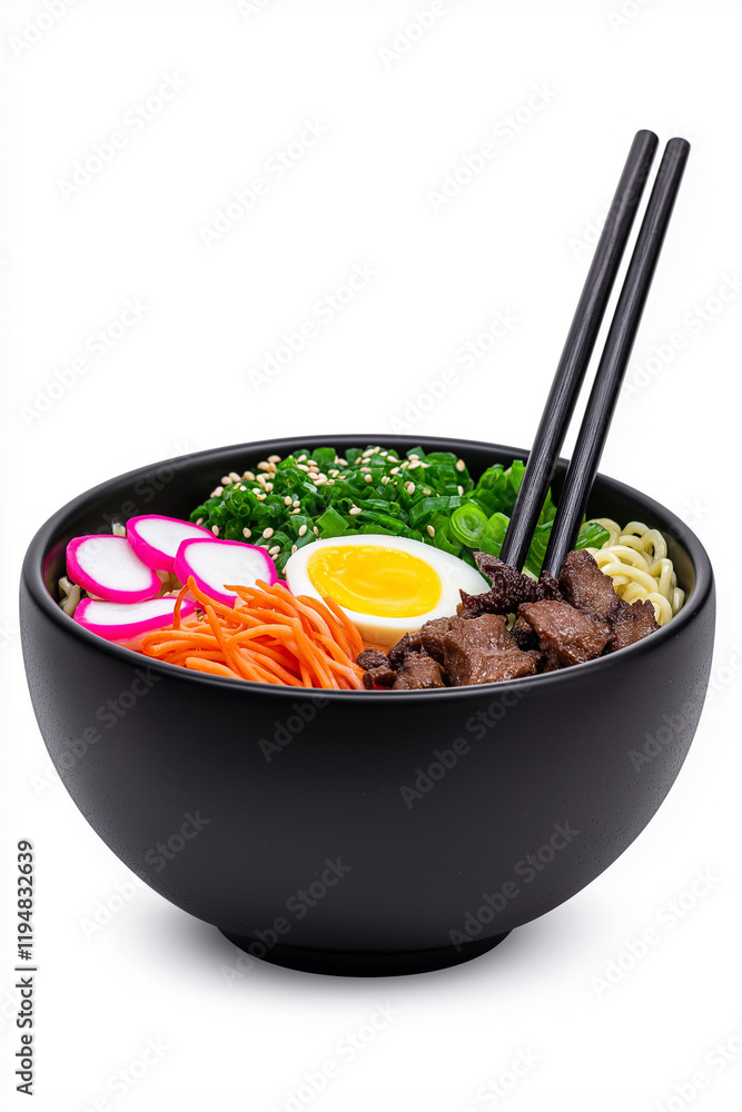 Wall mural Bowl of ramen with chopsticks, isolated on white background