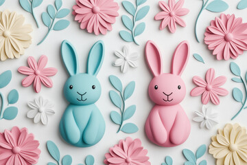 Obraz premium Colorful bunnies and flowers made of fondant for festive celebrations or crafts.