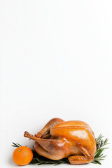 Roasted turkey on a platter, isolated on white background