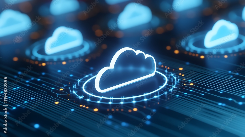 Poster futuristic cloud technology concept with digital circuits and glowing elements on dark background