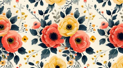 Orange and yellow floral pattern, seamless repeat for textile