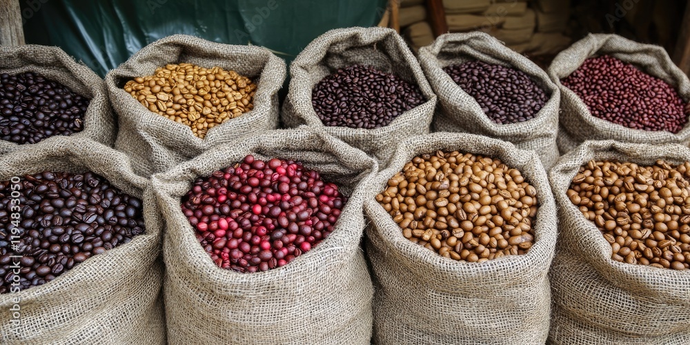 Poster collections of assorted coffee beans in varying colors displayed in natural burlap sacks arranged in