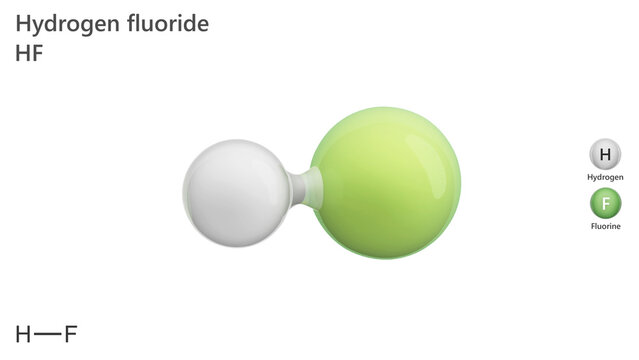 Molecule: Hydrogen Fluoride. Colorless gas or fuming liquid. Molecular structure. Formula: HF. Chemical model: Ball and stick. White background. 3D illustration.