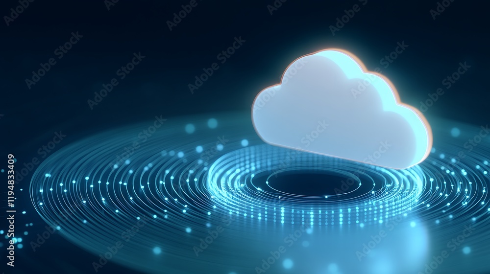 Poster futuristic cloud technology concept with glowing circular lines and digital particles on dark backgr