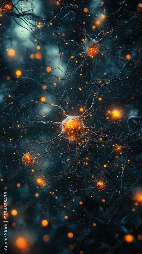 Poster abstract fusion of ai and biology digital art neural networks dark background conceptual science and