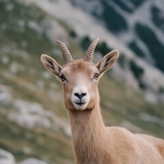 A goat with horns is staring at the camera. The goat is brown and has a white nose