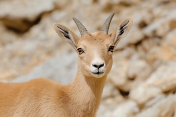 A goat with a long horn is staring at the camera. The goat is brown and has a white nose