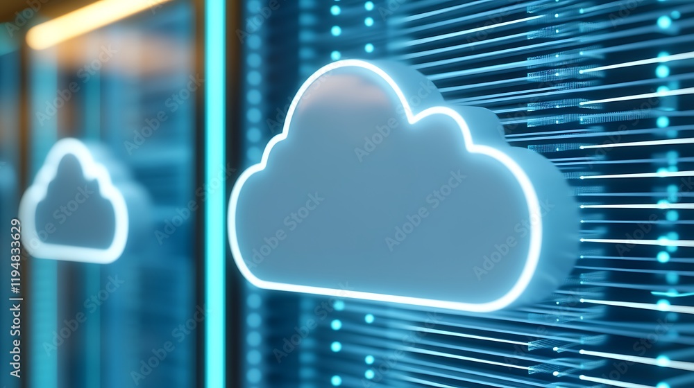 Poster futuristic cloud technology concept with glowing elements and data servers in a digital environment