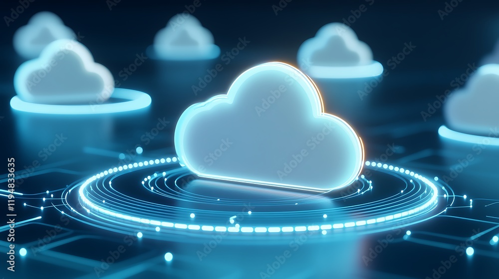 Poster futuristic cloud technology concept with glowing elements and digital circuits for modern data stora