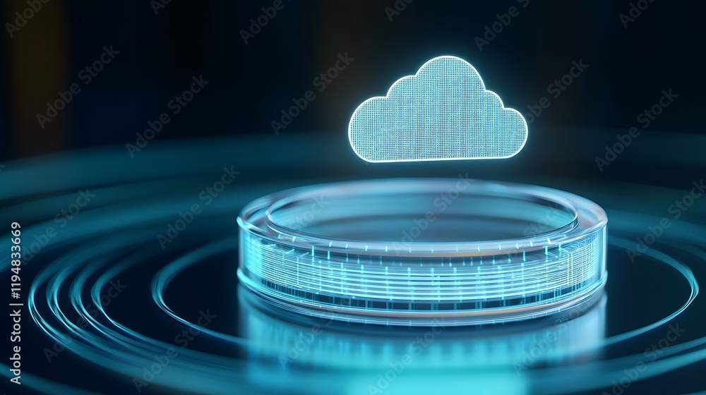 Poster futuristic cloud technology concept with holographic cloud above circular data platform in digital e