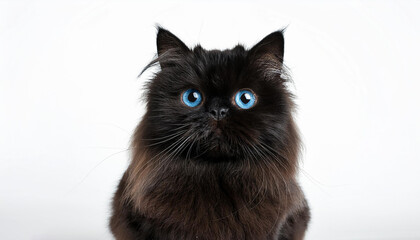 A Black Persian cat, blue eyes set against a clean white background