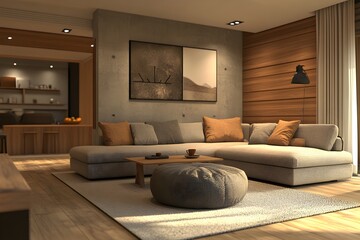 Modern L-Shaped Sofa in Cozy Living Room Interior Design with Wooden Accents and Neutral Color Palette. Comfortable Seating Area with Stylish Coffee  