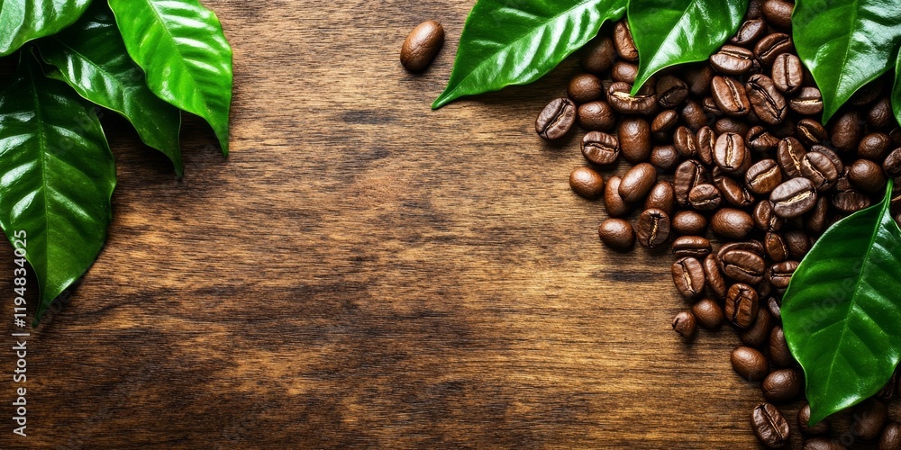 Poster top view of coffee beans in a mound on a wooden table with vibrant green leaves on the left side cre