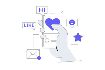 Hand holding smartphone, speech bubbles and new message symbol. Social media marketing, content management, instant messaging. Flat Cartoon Vector Illustration, icon. Stylish abstract