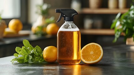 A refreshing homemade cleaner with citrus and mint, perfect for a clean home.