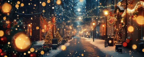 Obraz premium Beautiful illuminated street with holiday lights, magical winter evening, festive celebration.