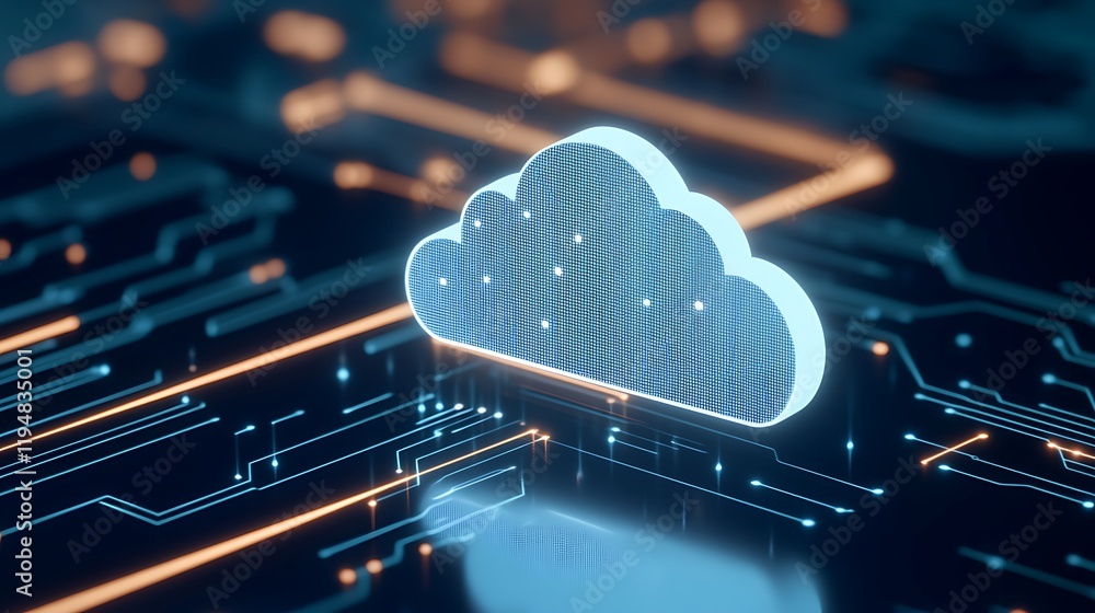 Poster futuristic cloud technology with digital circuitry and neon lights representing modern data storage 