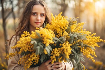 Naklejka premium A beautiful girl with a fluffy bouquet of mimosa. Close-up. The concept of spring and International Women's Day on March 8th.