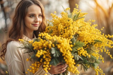 Naklejka premium A beautiful girl with a fluffy bouquet of mimosa. Close-up. The concept of spring and International Women's Day on March 8th.