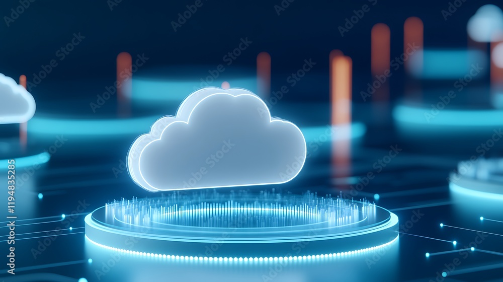 Poster futuristic cloud technology with digital data visualization and virtual network elements in blue ton
