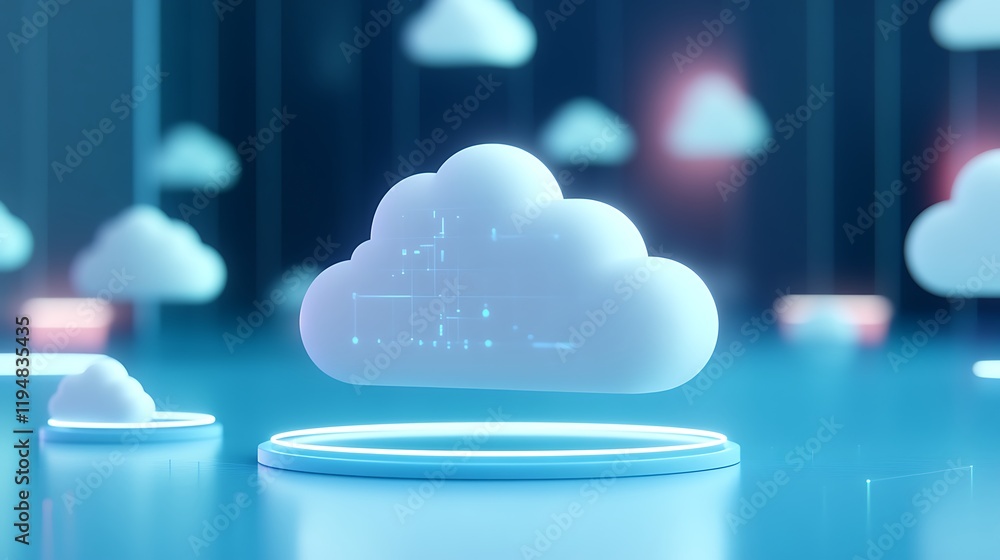 Poster futuristic cloud technology with glowing elements and abstract digital interface on blue background