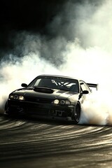 A car performing drifts on the track, with smoke billowing from under the wheels, leaving drift lines on the asphalt. The car is moving at a high speed
