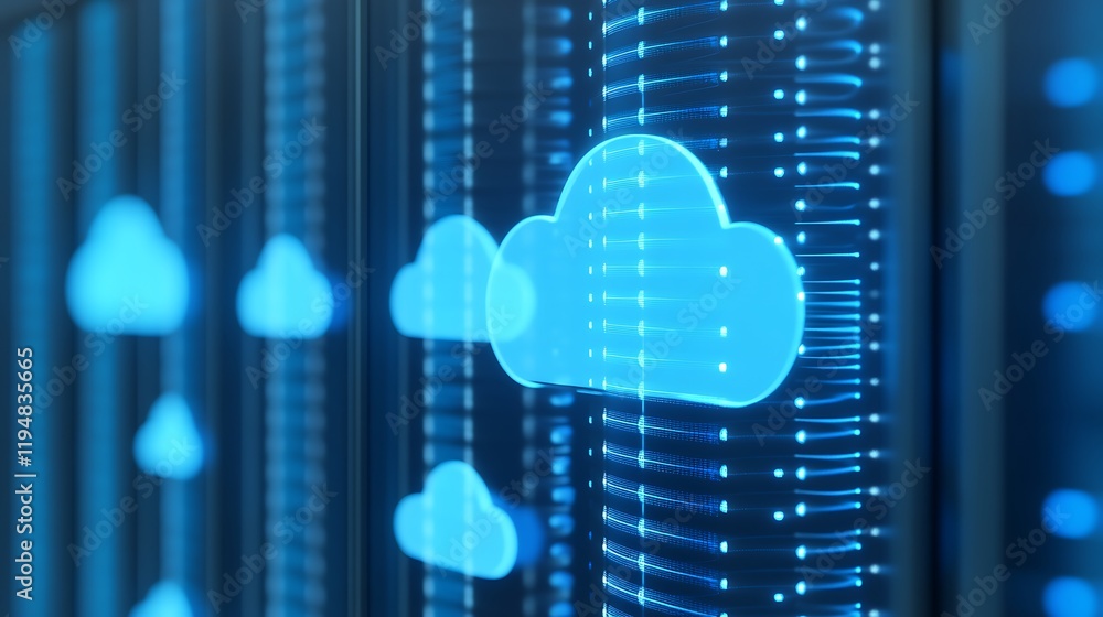 Poster futuristic data center with blue cloud illustrations on server racks and digital interfaces for tech