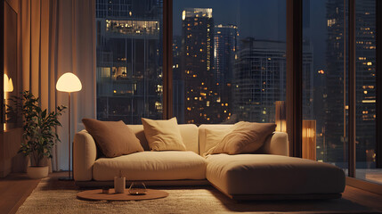 Cozy living room with a modern, minimalistic design and city view.