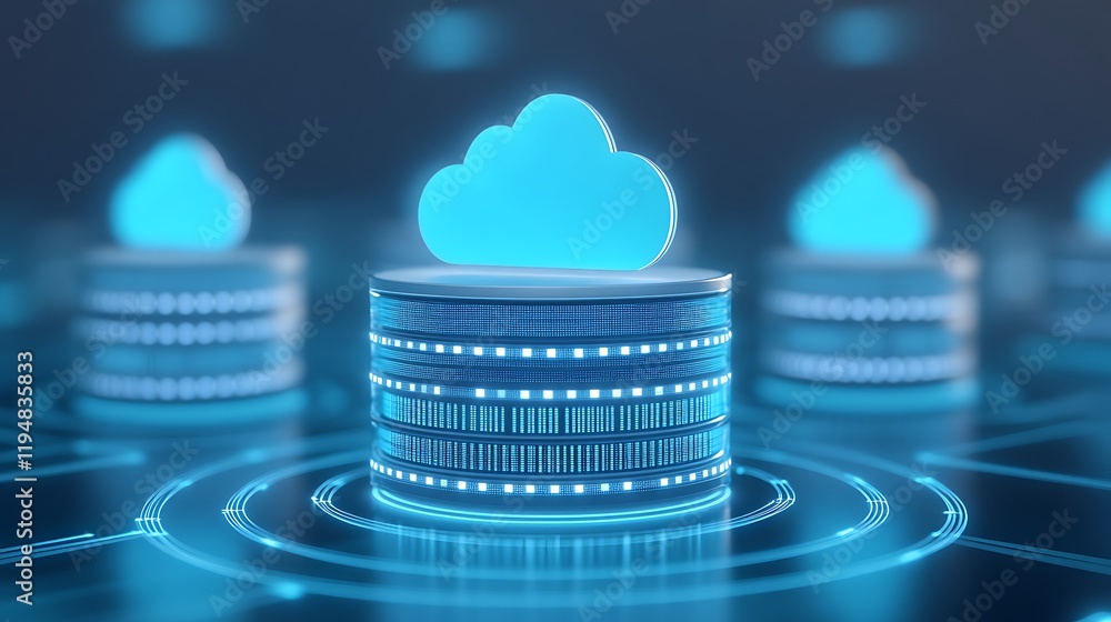 Poster futuristic data cloud and storage concept with digital circuits and neon glow in technology environm